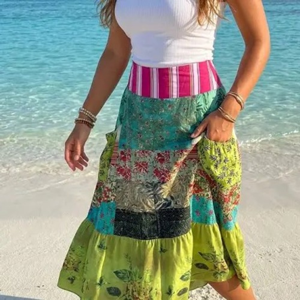 Bohemian Patchwork Floral Tiered Maxi Skirt Pink Cottagecore Gypsy Temuβ